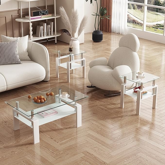 Glass Coffee Table Rectangle White Living Room Center Table, 39inch Transparent Tempered Glass Tabletop and Metal Frame, White + Clear Glass-HomvellaHome