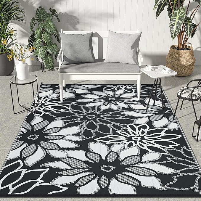 GENIMO Outdoor Rug Waterproof for Patio Decor, 8' x 10' Reversible Plastic Straw Floral Camping Carpet, Large Area Rugs Mats for RV, Camper, Deck, Balcony, Porch, Beach, Picnic, Black & White-HomvellaHome