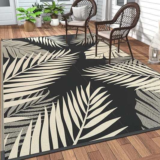 GENIMO Outdoor Rug 6' x 9' Waterproof for Patios Clearance, Reversible Outdoor Plastic Straw Camping Rug Carpet, Large Area Rugs Mats for RV, Camper, Deck, Balcony, Porch, Beach, Picnic, Black&Beige-HomvellaHome