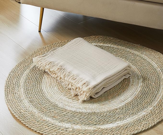 100% Cotton Muslin Throw Blanket for Bed, Couch, Small, Decorative, Soft, Pre-Washed, Breathable and Lightweight Gauze Blanket with Tassels, Suitable for All Seasons, Beige, 50"x60"-HomvellaHome