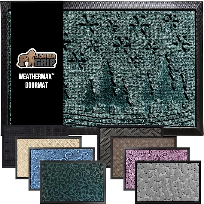 GORILLA GRIP 100% Waterproof All-Season WeatherMax Doormat, 47x35, US Designed Natural Rubber, Stain and Fade Resistant, Low Profile Indoor Outdoor Door Mats, Easy Clean Patio Mat, Green Snowscape-HomvellaHome