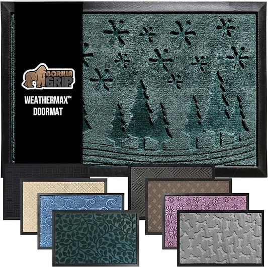 GORILLA GRIP 100% Waterproof All-Season WeatherMax Doormat 35x23, US Designed Natural Rubber, Stain and Fade Resistant, Low Profile Indoor Outdoor Door Mats, Easy Clean Patio Mat, Green Snowscape-HomvellaHome