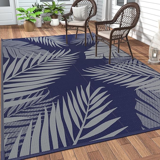 GENIMO Outdoor Rug 5' x 8' Waterproof for Patios Clearance, Reversible Outdoor Plastic Straw Camping Rug Carpet, Large Area Rugs Mats for RV, Picnic, Backyard, Deck, Balcony, Porch, Beach, Blue&Grey-HomvellaHome